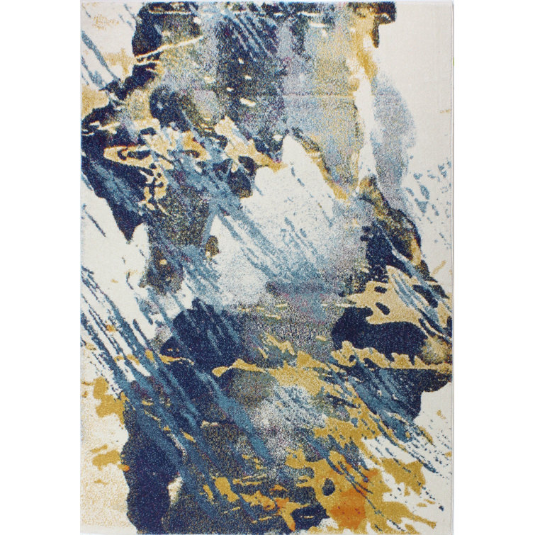 Mercury Row Titus Abstract Machine Woven Ivory/Blue/Yellow Area Rug